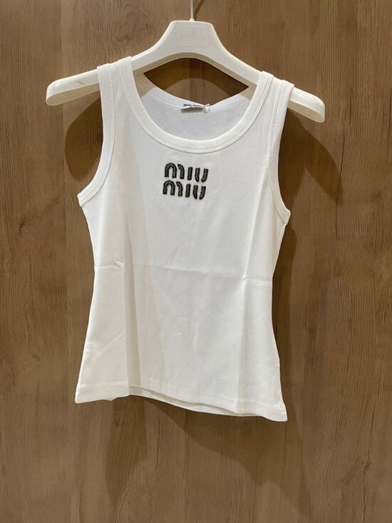 Miu Miu Tops - Miu Miu Logo Embroidered Rib Knit White Tank Top New With Tags